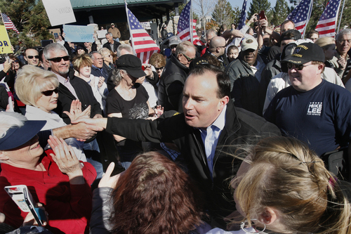 Scott Sommerdorf   |  The Salt Lake Tribune
Sen. Mike Lee works his way through the crowd that gathered for a rally in his support in  South Jordan on Saturday, Nov. 2, 2013.