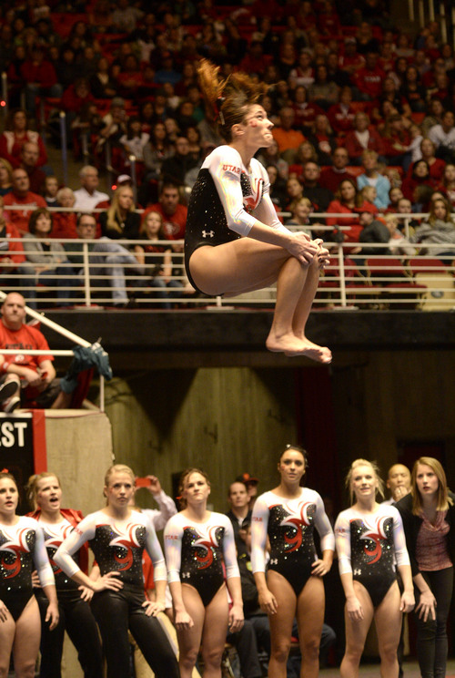 Rick Egan  | The Salt Lake Tribune 

Nansy Damianova competes on the floor for the Utes, in their Gymnastics opener, Utah vs, BYU, Boise State and Southern Utah University,  at the Huntsman Center, Friday, January 10, 2014.