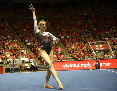 Rick Egan  | The Salt Lake Tribune 

Mary Beth Lofgren competes on the floor for the Utes, in their Gymnastics opener, Utah vs, BYU, Boise State and Southern Utah University,  at the Huntsman Center, Friday, January 10, 2014.