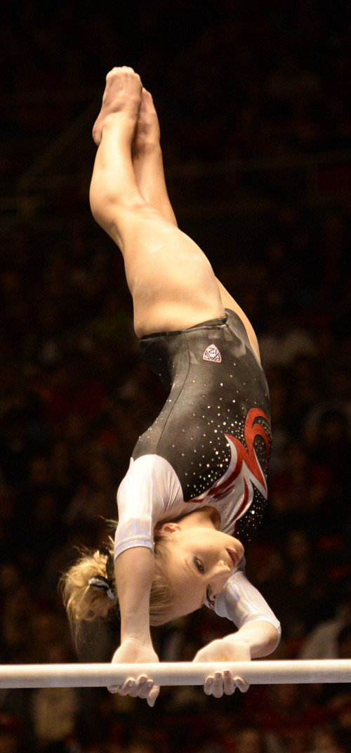 Rick Egan  | The Salt Lake Tribune 

Georgia Dabritz competes on the bars for the Utes, in their Gymnastics opener, Utah vs, BYU, Boise State and Southern Utah University,  at the Huntsman Center, Friday, January 10, 2014.