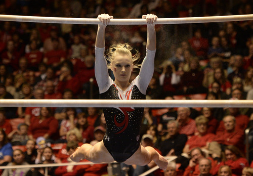 Rick Egan  | The Salt Lake Tribune 

Georgia Dabritz competes on the bars for the Utes, in their Gymnastics opener, Utah vs, BYU, Boise State and Southern Utah University,  at the Huntsman Center, Friday, January 10, 2014.