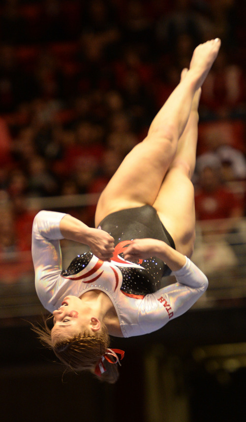 Rick Egan  | The Salt Lake Tribune 

Bailey Rowe competes on the beam for the Utes, in their Gymnastics opener, Utah vs, BYU, Boise State and Southern Utah University,  at the Huntsman Center, Friday, January 10, 2014.