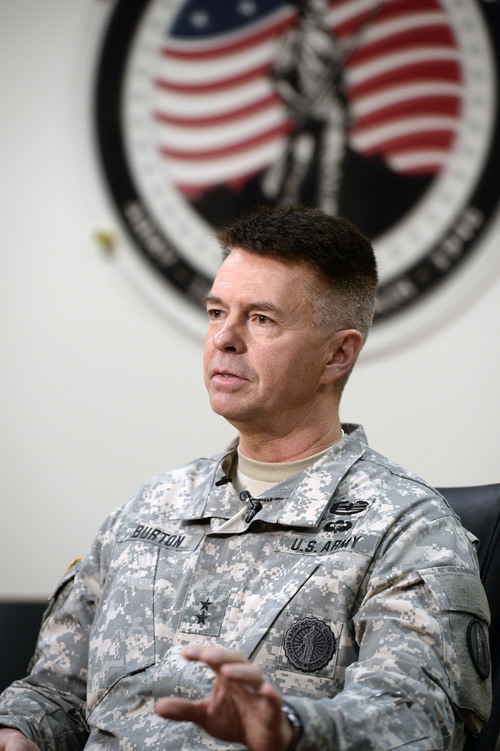 Al Hartmann  |  The Salt Lake Tribune
Major General Jefferson Burton of  the Utah National Guard speaks at media conference Monday January 13 on the U.S. Army's decision in reclaiming all of the Apache helicopters that it had loaned out to the National Guard.