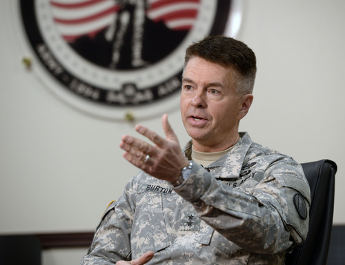 Al Hartmann  |  The Salt Lake Tribune
Major General Jefferson Burton of  the Utah National Guard speaks at media conference Monday January 13 on the U.S. Army's decision in reclaiming all of the Apache helicopters that it had loaned out to the National Guard.