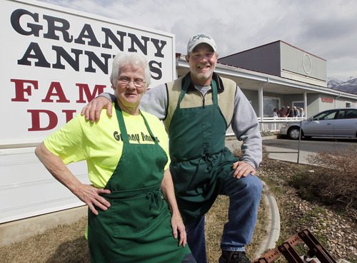 Al Hartmann  |  The Salt Lake Tribune
Annie Curry, 65, poses with her son Carter in front of Granny Annie's a Kaysville diner and institution.   The two have opened a second Granny Annie's in Bountiful.
