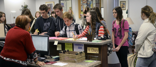 Al Hartmann  |  The Salt Lake Tribune
Students at Lone Peak High School in Highland swamp the front  desk at the counseling center Friday January 10 to see their school counselor or make an appointment.  Utah doesn't have as many school counselors as it needs.  Legislation to increase funding for school districts so they can hire more counselors is expected this session.