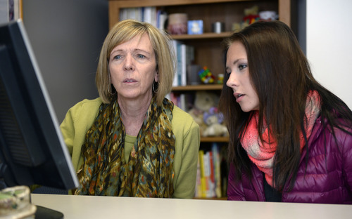 Al Hartmann  |  The Salt Lake Tribune
Valerie Ross, president of the Utah School Counselors Association, works with Lone Peak High School senior Lexi Shadle to plan her last semester of classes and to make sure she is set to meet graduation requirements.  Utah doesn't have as many school counselors as it needs.  Legislation to increase funding for school districts so they can hire more counselors is expected this session.
