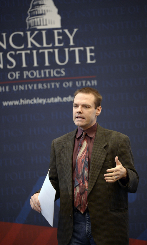Al Hartmann  |  The Salt Lake Tribune
Protect Our Neighborhood Elections, public relations director James Humpherys speaks to students at the University of Utah's  Hinckley Institute of Politics Monday January 13.  He provided a counter argument to the Count My Vote Initiative.