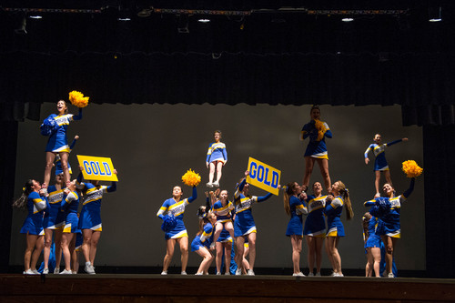 Trent Nelson  |  The Salt Lake Tribune
The Taylorsville Cheer Squad performs for kindergarteners, Tuesday January 14, 2014. Hundreds of Taylorsville kindergarten students attended a rally at Taylorsville High School to see a variety of activities and opportunities available to students.