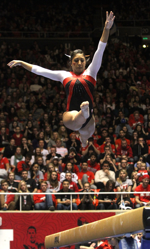 Rick Egan  | The Salt Lake Tribune 

Kassandra Lopez competes on the Beam for the Ute's, in gymnastics action against The University of California, at the Huntsman Center, Saturday, February 9, 2013.