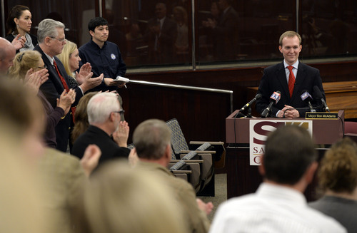 Francisco Kjolseth  |  The Salt Lake Tribune
Salt Lake County Mayor Ben McAdams is applauded following his "State of the County" address to the county council at the Salt Lake County Government Center on Tuesday, Jan. 14, 2014.
