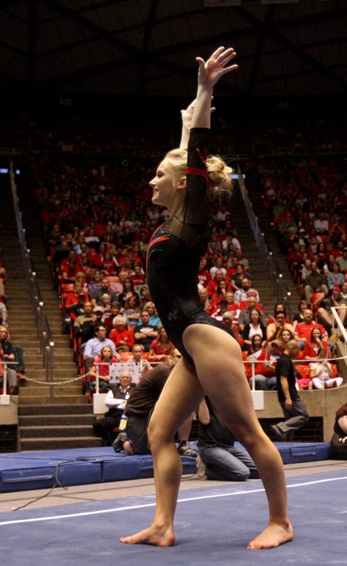 Kim Raff  |  The Salt Lake Tribune
Utah gymnast Georgia Dabritz performs her routine on the floor during a meet against Florida at the Huntsman Center in Salt Lake City on March 16, 2013. Utah went on to beat Florida in the meet.