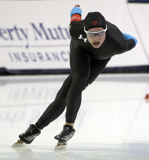 Rick Egan  | The Salt Lake Tribune 

Johathan Kuck skates in the Men's 10,000 meter U.S. Olympic time trials, at the Utah Olympic Oval Wednesday, January 1, 2014.