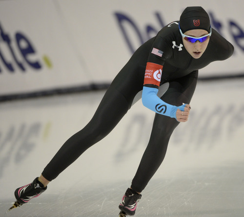 Rick Egan  | The Salt Lake Tribune 

Petra Acker skates in the Ladies 5000 meter U.S. Olympic time trials, at the Utah Olympic Oval Wednesday, January 1, 2014.