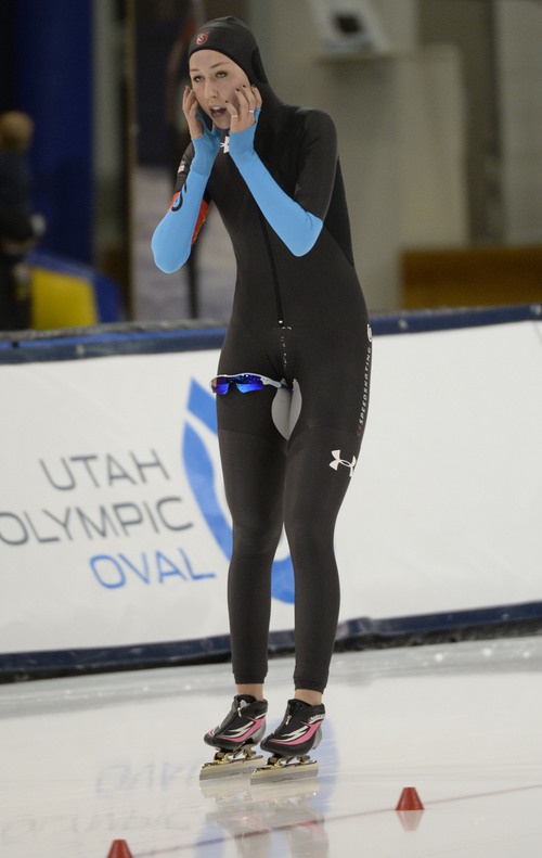 Rick Egan  | The Salt Lake Tribune 

Petra Acker finishes her heat in the Ladies 5000 meter U.S. Olympic time trials, at the Utah Olympic Oval Wednesday, January 1, 2014.