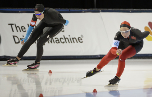 Rick Egan  | The Salt Lake Tribune 

Petra Acker (left) and Briana Kramer (right) skate in the Ladies 5000 meter U.S. Olympic time trials, at the Utah Olympic Oval Wednesday, January 1, 2014.