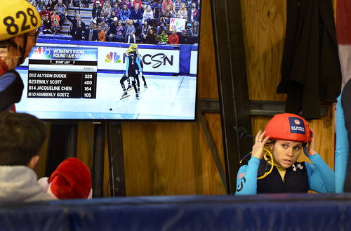 Scott Sommerdorf   |  The Salt Lake Tribune
Jessica Smith watches as another heat with Alyson Dudek, Emily Scott, Jacqueline Chen and Kimberly Goetz is about to start. Smith had just won her 500 meter quarterfinal heat at the Kearns Olympic Oval, Saturday, January 4, 2014.