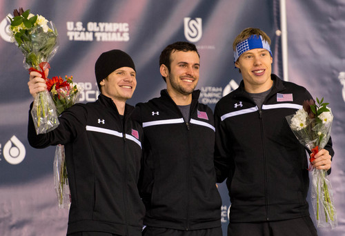 Trent Nelson  |  The Salt Lake Tribune
Tucker Fredericks (2nd), Mitchell Whitmore (1st) and Brian Hansen (3rd), on the podium for the Mens 500 meter at the U.S. Olympic Time Trials, long track speedskating at the Olympic Oval in Kearns, Saturday December 28, 2013.