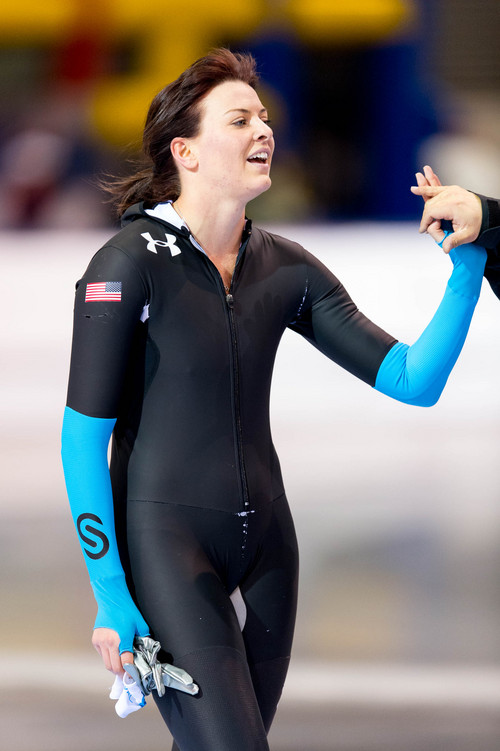 Trent Nelson  |  The Salt Lake Tribune
Heather Richardson celebrates a first place finish in the Ladies 500 meter at the U.S. Olympic Time Trials, long track speedskating at the Olympic Oval in Kearns, Saturday December 28, 2013.