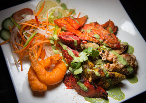 Trent Nelson  |  The Salt Lake Tribune
Saffron mixed platter with panir tikka, malai tikka, chicken tikka, seekh kebab and shrimp kebabs at the Saffron Valley East India Cafe in Salt Lake City.