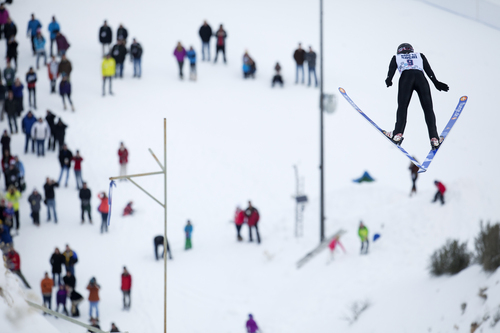 JIM MCAULEY | The Salt Lake Tribune
Bill Demong (9) takes air during the US Olympic Trials for Nordic Combined ski jumping ahead of the 2014 Sochi Winter Games at the Utah Olympic Park in Park City, Utah.