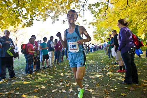 Chris Detrick  |  The Salt Lake Tribune
Sky View junior Conner Mantz competes during the 4A state cross country race at Sugar House Park Wednesday October 23, 2013. Mantz won the race with a time of 15:11.5.