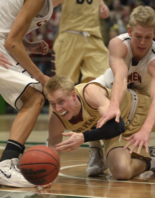 Steve Griffin  |  The Salt Lake Tribune


Lone Peak's Spencer Curtis, bottom, knocks the ball to a teammate as American Fork's Ryan Andrus dives on his back during the Lone Peak versus American Fork boys' basketball game at Utah Valley University in Provo, Tuesday, January 14, 2014.