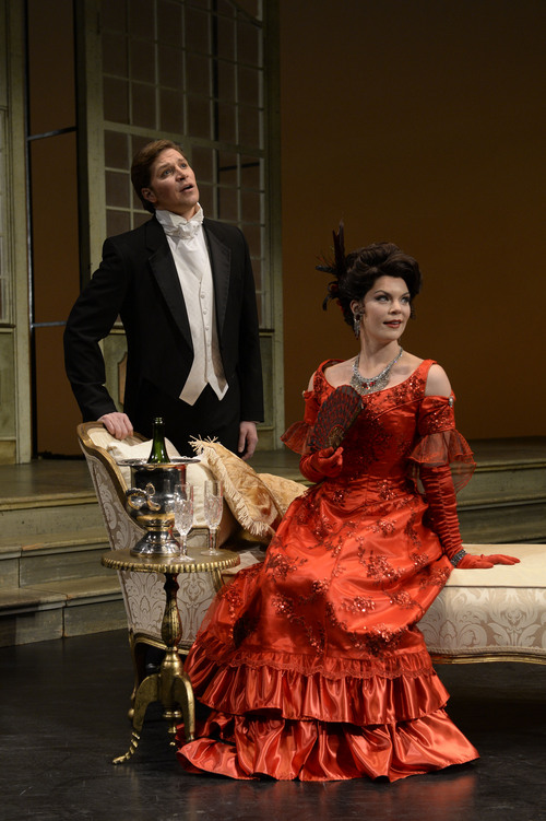 Francisco Kjolseth  |  The Salt Lake Tribune
Singers Sara Gartland (Violetta) and Cody Austin (Alfredo) perform a scene from Utah Opera's "La Traviata," Verdi's hit show about the courtesan with a heart of gold, her impetuous boyfriend and his meddling dad.