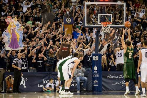 Trent Nelson  |  The Salt Lake Tribune
Utah State fans try to distract free throw shooter, Colorado State Rams guard Daniel Bejarano (2), as Utah State University hosts Colorado State, NCAA basketball, Wednesday January 15, 2014 in Logan.