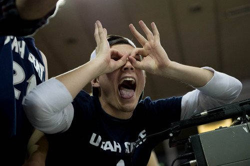 Trent Nelson  |  The Salt Lake Tribune
A Utah State fan taunts the visiting bench as Utah State University hosts Colorado State, NCAA basketball, Wednesday January 15, 2014 in Logan.