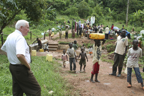 Jeremiah Stettler | The Salt Lake Tribune
Within the tropical forests of southern Uganda, Lincoln Barlow looks over a community wash basin that he and his wife helped build as part of a $250,000 humanitarian effort by the LDS Church to bring cleaner water and better sanitation to Africa.