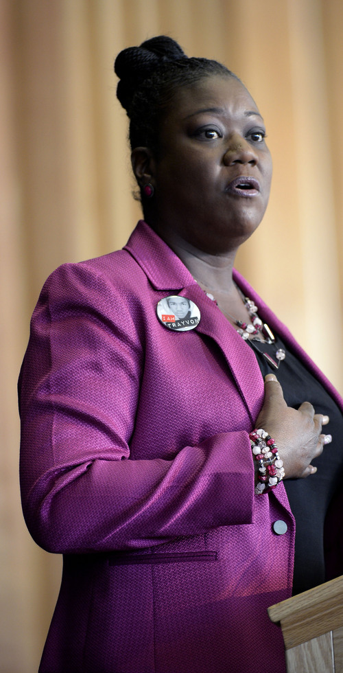 Al Hartmann  |  The Salt Lake Tribune 
Sybrina Fulton, Trayvon Martin's mother, speaks to a packed ballroom at Olpin Student Union at the University of Utah on Thursday. She spoke on racial profiling as part of the university's celebration of Martin Luther King Jr. Day.