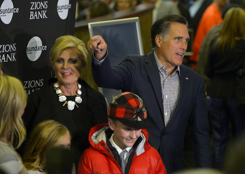 Scott Sommerdorf   |  The Salt Lake Tribune
Mitt Romney, with his his wife Ann, pose for photos along with some of director Greg Whiteley's children as they attend the Sundance Salt Lake City Gala featuring the documentary "Mitt" at the Rose Wagner Theater in Salt Lake City, Friday, January 17, 2014.