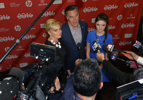 Scott Sommerdorf   |  The Salt Lake Tribune
Mitt Romney, his wife Ann, and their 16 year old granddaughter Allie Romney attend the Sundance Salt Lake City Gala featuring the documentary "Mitt" at the Rose Wagner Theater in Salt Lake City, Friday, January 17, 2014.