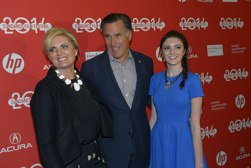 Scott Sommerdorf   |  The Salt Lake Tribune
Mitt Romney, his wife Ann, and their 16 year old granddaughter Allie Romney attend the Sundance Salt Lake City Gala featuring the documentary "Mitt" at the Rose Wagner Theater in Salt Lake City, Friday, January 17, 2014.