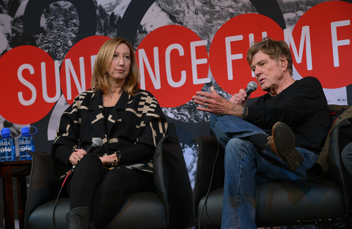 Scott Sommerdorf   |  The Salt Lake Tribune
Founder and President of Sundance Institute Robert Redford, right, speaks as Sundance Institute Executive Director Keri Putnam listens during the opening press conference will take place in about an hour at the Egyptian Theater in Park City, Thursday, January 16, 2014.