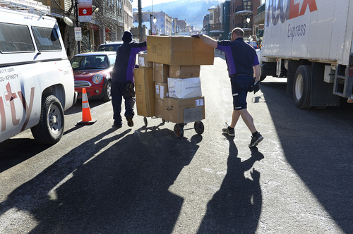 Scott Sommerdorf   |  The Salt Lake Tribune
FedEx crew delivers packages to Sundance Film Festival offices on Main in Park City, Wednesday, January 15, 2014.