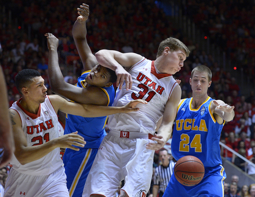 Scott Sommerdorf   |  The Salt Lake Tribune
Jordan Loveridge, left, reaches as Utah's Dallin Bachynski tangles with UCLA's Tony Parker, second from left, and Travis Wear, right, while going for control of a rebound late in the second half, Saturday, January 18, 2014. Utah beat UCLA 74-69.