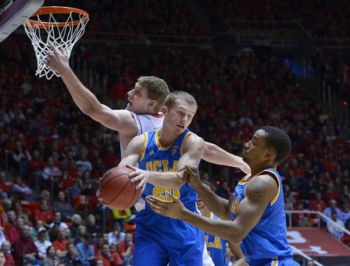 Scott Sommerdorf   |  The Salt Lake Tribune
Utah's Dallin Bachynski misses out on a rebound to UCLA's Bryce Alford during first half play, Saturday, January 18, 2014. Utah beat UCLA 74-69. Dallin Bachynski is at right.