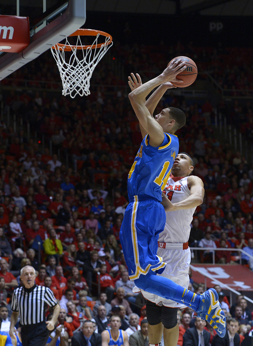 Scott Sommerdorf   |  The Salt Lake Tribune
Utah had lots of trouble with the Bruins full court press. Here, Zach LaVine gets a dunk after a steal on a Utah in-bounds pass during second half play, Saturday, January 18, 2014. Utah beat UCLA 74-69.