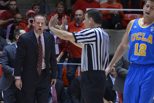 Scott Sommerdorf   |  The Salt Lake Tribune
Utah head coach Larry Krystowiak reacts to a foul call he did not agree with during a first half play, Saturday, January 18, 2014. Utah held a 36-26 lead over UCLA at the half.