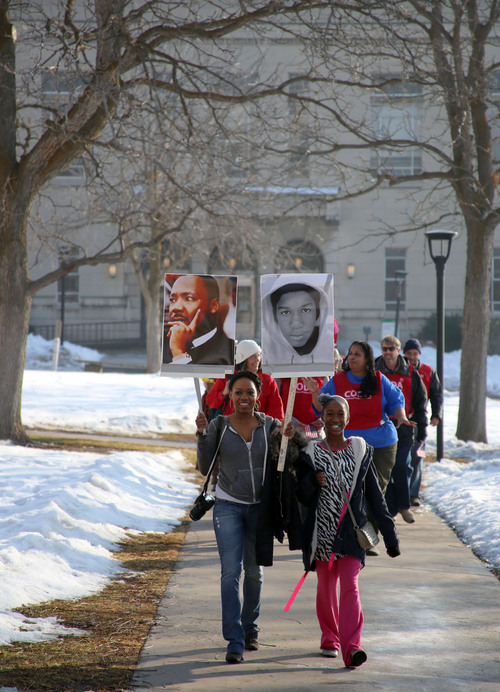 Francisco Kjolseth  |  The Salt Lake Tribune
Sheena Hathorne alongside her daughter Makyla, 10, join University of Utah students and members of the community on the march from East High School to Kingsbury Hall in honor of Martin Luther King Jr. Day. Donations accepted at the end of the March for Youth went  to the Rev. France Davis Scholarship Fund for African-American students..