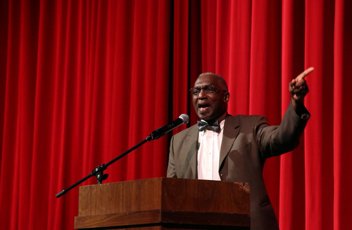 Francisco Kjolseth  |  The Salt Lake Tribune
Pastor France A. Davis delivers a powerful speech at East High before University of Utah students and members of the community took to the streets for a march to Kingsbury Hall in honor of MLK day. Donations accepted at the end of the March for Youth go toward the Rev. France Davis Scholarship Fund that for African-American students.