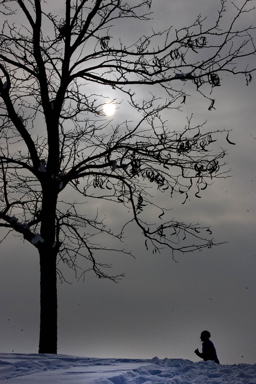 Paul Fraughton  |  The Salt Lake Tribune
A smog-shrouded sun casts a dim light on a jogger on Friday in Sugar House Park.