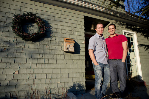 Jeremy Harmon  |  The Salt Lake Tribune


Spencer Stout, left, and his fiancÈ Dustin Reeser plan to get married next week in California. They were photographed at their home in Salt Lake City on Friday, January 17, 2014.