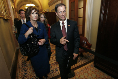 Scott Sommerdorf   |  Tribune file photo
Congressman Chris Stewart, R-Utah, is announcing his bid for re-election to a second term in Utah's 2nd Congressional District. He said his dedication to conservative principles will be be the main theme of his campaign. In this file photo from last January, he and wife, Elvie, walk through his new workplace -- the U.S. Capitol.