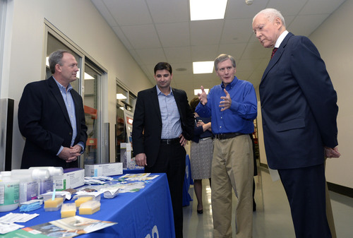 Al Hartmann  |  The Salt Lake Tribune
Richard Scott, BD worldwide marketing director, left, Bryan Davis, marketing director, and BD plant manager Corey Thayn show Sen. Orrin Hatch (R-Utah) some of the many medical devices the company makes at the Sandy, Utah, manufacturing facility Wednesday Jan. 22, 2014. BD is a leading global medical technology company. Hatch toured the plant and discussed the implications of the Medical Device Tax as part of funding for Obamacare and other challenges to the competitiveness of the industry.