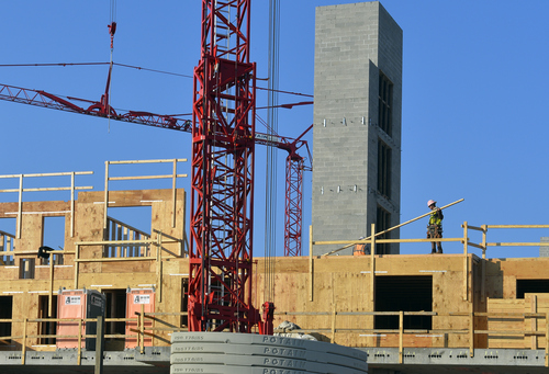 Keith Johnson | The Salt Lake Tribune

Construction crews work on the Hyatt House development at the corner of 300 West and 200 South in Salt Lake City, January 21, 2014.