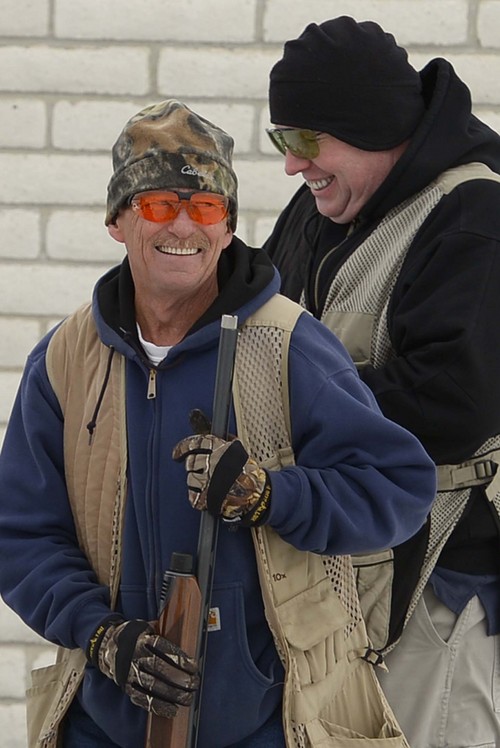 Leah Hogsten  |  The Salt Lake Tribune
l-r Danny Bush and Dan O'Toole share a laugh on the trap and skeet range at the Lee Kay Center Range in West Valley City, Saturday, January 11, 2014.The National Shooting Sports Foundation is releasing a report on the economic value of target shooting in Utah and the United States.