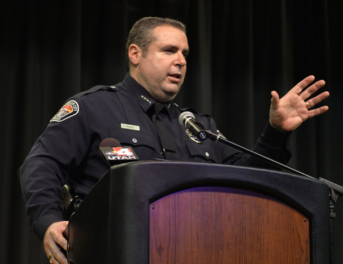 Keith Johnson | The Salt Lake Tribune

West Valley City police chief Lee Russo speaks at an open meeting with the community at the Utah Cultural Celebration Center, January 23, 2014. Russo discussed crime prevention, accountability within the department and future plans for the organization. Russo plans to hold the meetings monthly.